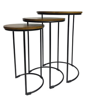 HomeRoots Set of Two Nesting Round Tables with Chestnut Wood Tops & Black Metal Frame for Stylish Living Spaces 632725