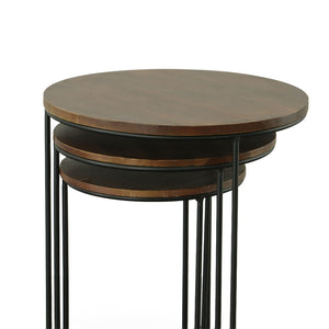 HomeRoots Set of Two Nesting Round Tables with Chestnut Wood Tops & Black Metal Frame for Stylish Living Spaces 632725
