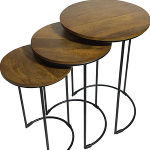 HomeRoots Set of Two Nesting Round Tables with Chestnut Wood Tops & Black Metal Frame for Stylish Living Spaces 632725