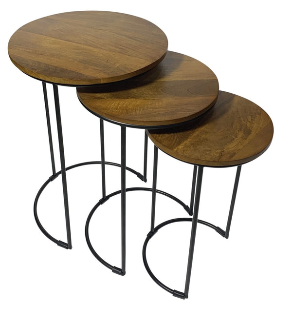 HomeRoots Set of Two Nesting Round Tables with Chestnut Wood Tops & Black Metal Frame for Stylish Living Spaces 632725