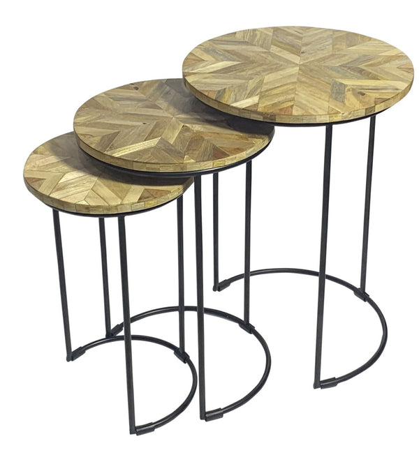 HomeRoots Set of Two Stylish Round Nested Tables with Natural Wood and Black Metal Frame for Modern Spaces 632726