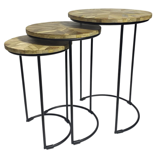 HomeRoots Set of Two Stylish Round Nested Tables with Natural Wood and Black Metal Frame for Modern Spaces 632726