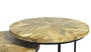 HomeRoots Set of Two Stylish Round Nested Tables with Natural Wood and Black Metal Frame for Modern Spaces 632726