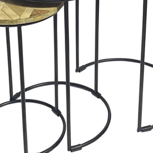 HomeRoots Set of Two Stylish Round Nested Tables with Natural Wood and Black Metal Frame for Modern Spaces 632726