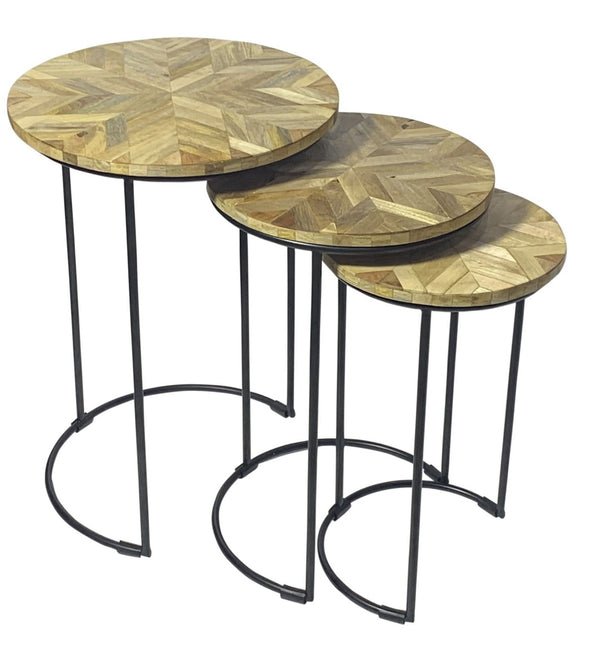 HomeRoots Set of Two Stylish Round Nested Tables with Natural Wood and Black Metal Frame for Modern Spaces 632726
