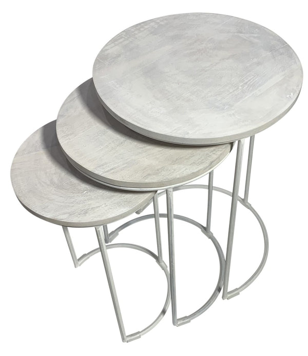 HomeRoots Set of Two Elegant White Round Nesting Tables with Solid Wood Tops & Sturdy Metal Frames 632727
