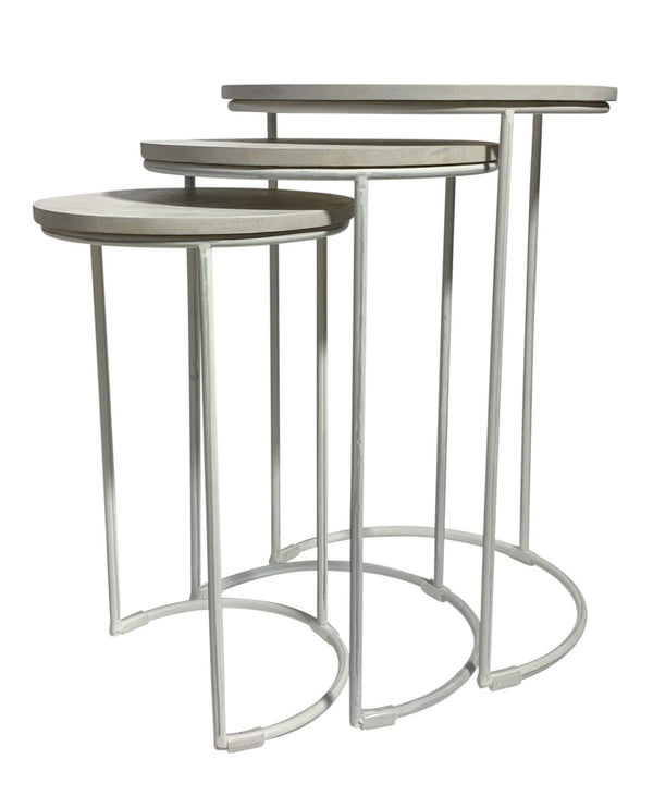 HomeRoots Set of Two Elegant White Round Nesting Tables with Solid Wood Tops & Sturdy Metal Frames 632727