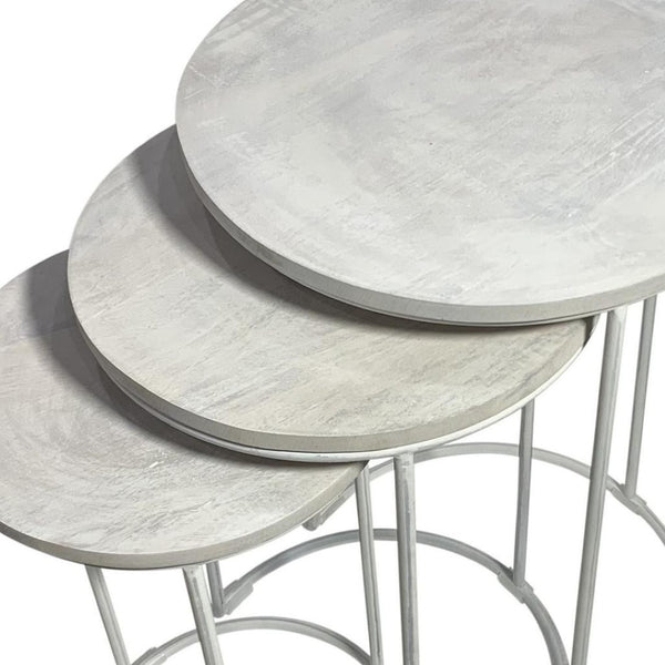 HomeRoots Set of Two Elegant White Round Nesting Tables with Solid Wood Tops & Sturdy Metal Frames 632727