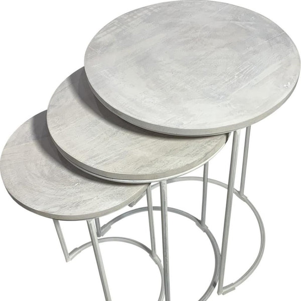 HomeRoots Set of Two Elegant White Round Nesting Tables with Solid Wood Tops & Sturdy Metal Frames 632727