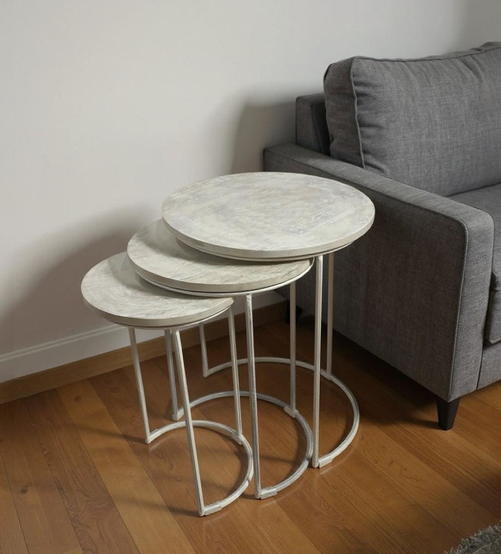 HomeRoots Set of Two Elegant White Round Nesting Tables with Solid Wood Tops & Sturdy Metal Frames 632727
