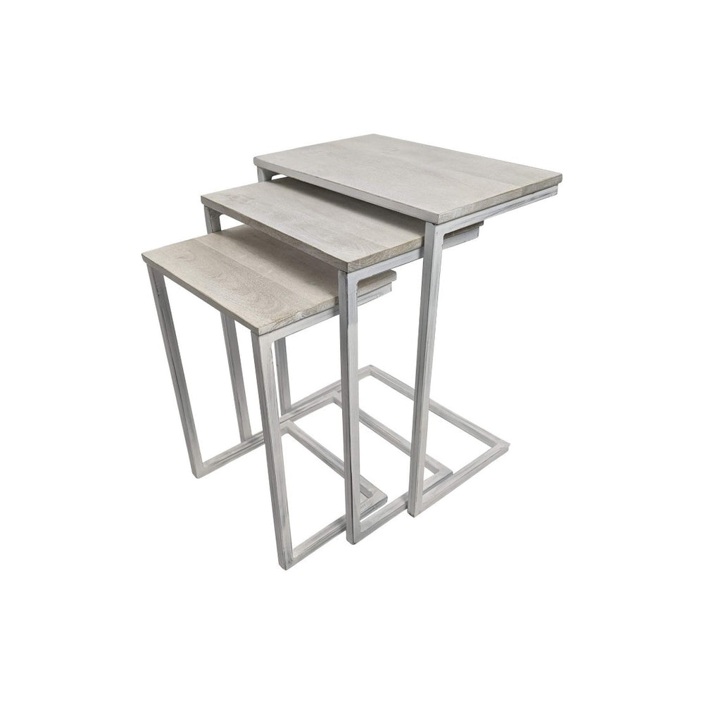 HomeRoots Set of Three Antiqued White Nested Tables – Stylish Solid Wood & Steel Frame for Modern Decor 632728