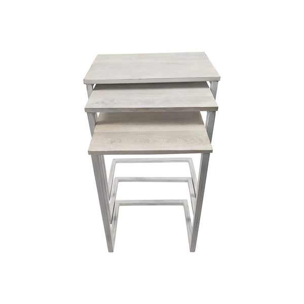 HomeRoots Set of Three Antiqued White Nested Tables – Stylish Solid Wood & Steel Frame for Modern Decor 632728