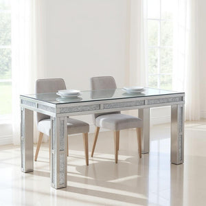 HomeRoots 31" Silver Mirrored Glass Dining Table with Faux Crystal Accents – Glamorous Seating for 4 632742