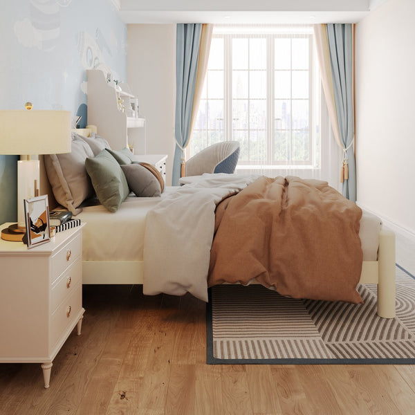English Elm Queen Platform Bed Frame - Solid Rubberwood Construction, 10 Slats Support, No Box Spring Needed, Stylish Headboard and Under-Bed Storage Space Beige+Natural 63.39 L x 18.7 W x 4.53 H W1716S00023