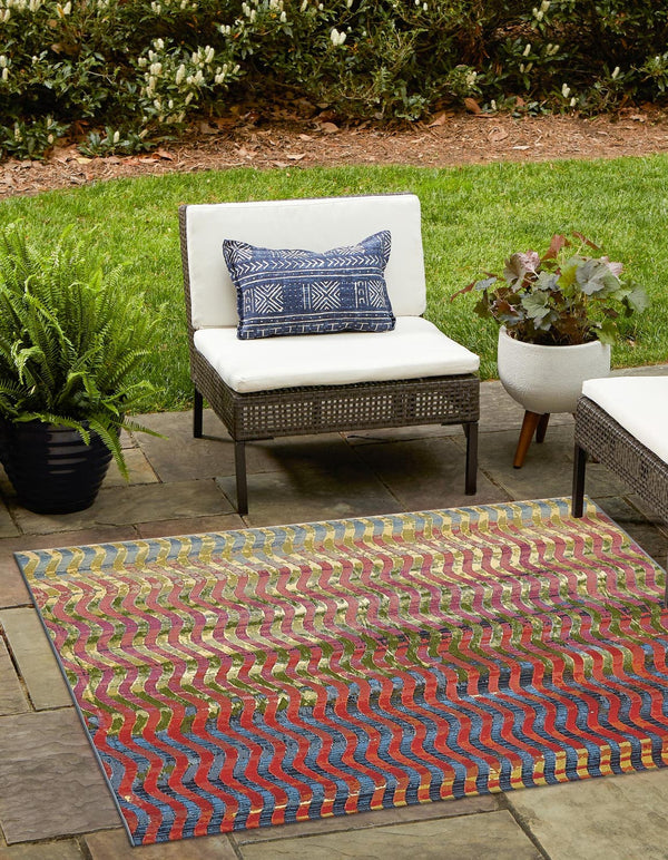 Unique Loom Outdoor Modern Wavy Machine Made Geometric Rug Multi, Beige/Blue/Brown/Cream/Green/Red/Navy Blue/Olive/Orange 5' 4" x 6' 1"