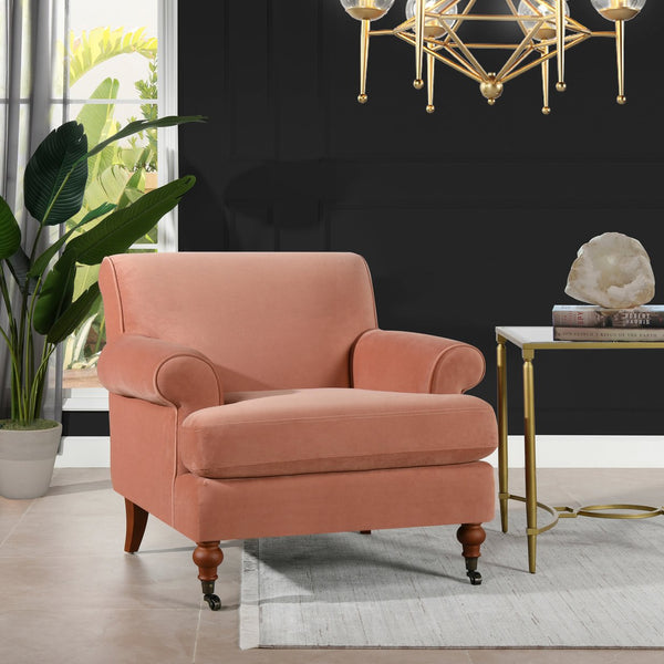 English Elm Jennifer Taylor Home - Alana 38" Lawson Accent Arm Chair In Luxurious Peach Velvet With Metal Casters For Easy Mobility B2719P238303