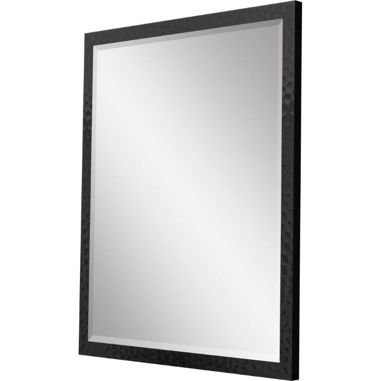 HomeRoots 30 Inch Round Wall Mirror with Hammered Iron Frame and Bold Geometric Accent Design 632839