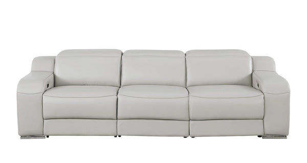 HomeRoots 103" Italian Leather Reclining Sofa with USB Ports and Chrome Legs for Modern Living Room Comfort LIGHT GRAY 632871
