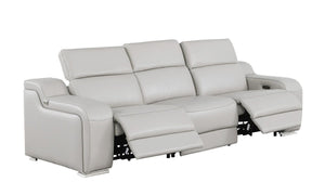 HomeRoots 103" Italian Leather Reclining Sofa with USB Ports and Chrome Legs for Modern Living Room Comfort LIGHT GRAY 632871