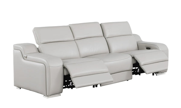 HomeRoots 103" Italian Leather Reclining Sofa with USB Ports and Chrome Legs for Modern Living Room Comfort LIGHT GRAY 632871