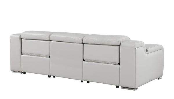 HomeRoots 103" Italian Leather Reclining Sofa with USB Ports and Chrome Legs for Modern Living Room Comfort LIGHT GRAY 632871
