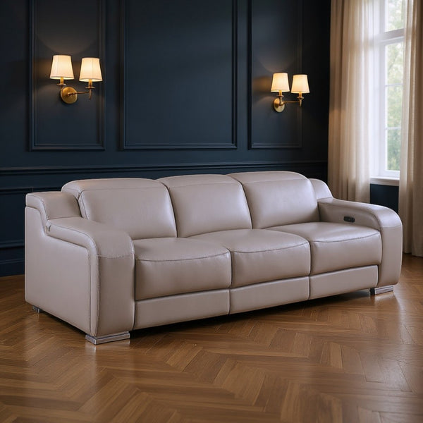 HomeRoots 103" Italian Leather Reclining Sofa - Modern Comfort, USB Charging, and Elegant Design for Living Rooms LIGHT GRAY 632872