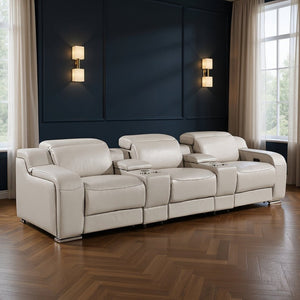HomeRoots 129" Luxurious Italian Leather Reclining Sofa with USB Ports for Ultimate Comfort and Style LIGHT GRAY 632873