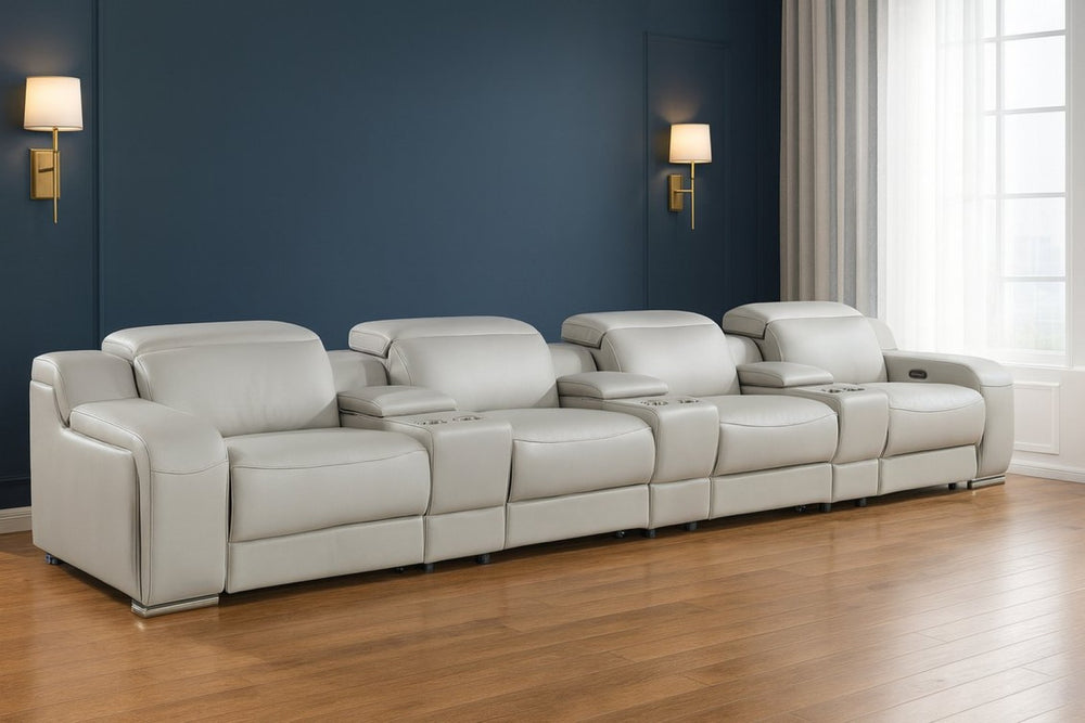 HomeRoots 169" Light Gray Italian Leather Sofa - Luxurious Reclining Design with USB Ports & Modern Style 632874
