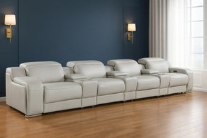 HomeRoots 169" Light Gray Italian Leather Sofa - Luxurious Reclining Design with USB Ports & Modern Style 632874