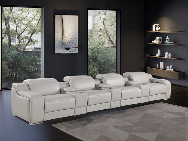 HomeRoots 169" Light Gray Italian Leather Sofa - Luxurious Reclining Design with USB Ports & Modern Style 632874