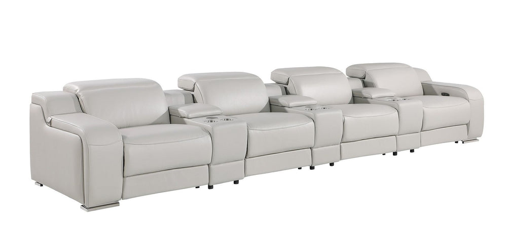 HomeRoots 169" Light Gray Italian Leather Sofa - Luxurious Reclining Design with USB Ports & Modern Style 632874