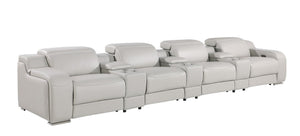 HomeRoots 169" Light Gray Italian Leather Sofa - Luxurious Reclining Design with USB Ports & Modern Style 632874