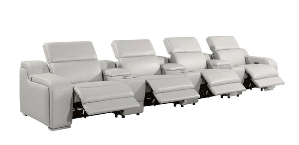 HomeRoots 169" Light Gray Italian Leather Sofa - Luxurious Reclining Design with USB Ports & Modern Style 632874