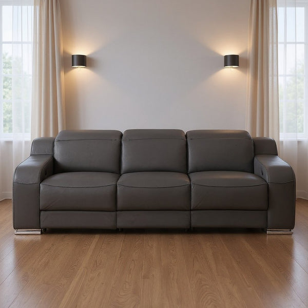 HomeRoots 103" Italian Leather Reclining Sofa with USB Ports and Chrome Legs for Modern Living Room Comfort DARK GRAY 632875