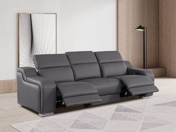 HomeRoots 103" Italian Leather Reclining Sofa with USB Ports and Chrome Legs for Modern Living Room Comfort DARK GRAY 632875