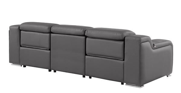 HomeRoots 103" Italian Leather Reclining Sofa with USB Ports and Chrome Legs for Modern Living Room Comfort DARK GRAY 632875