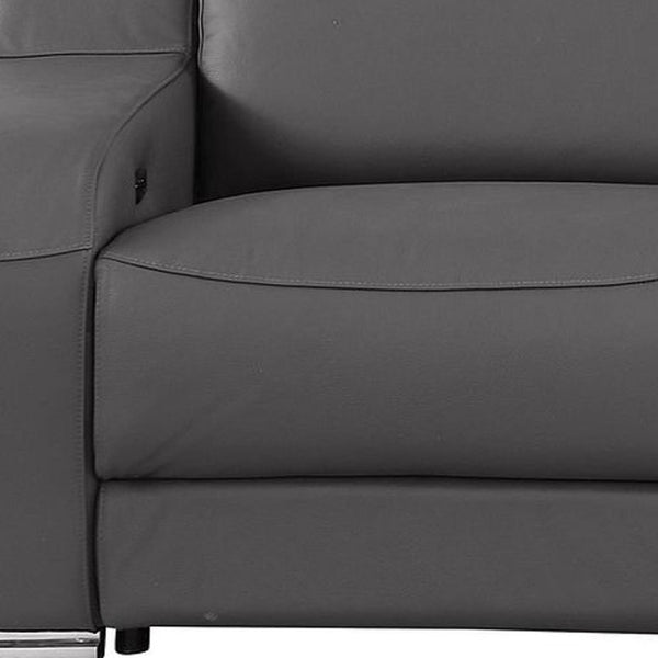 HomeRoots 103" Italian Leather Reclining Sofa with USB Ports and Chrome Legs for Modern Living Room Comfort DARK GRAY 632875