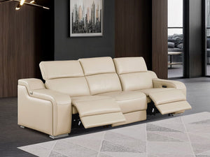 HomeRoots 103" Italian Leather Reclining Sofa with USB Ports and Chrome Legs for Modern Living Room Comfort BEIGE 632879