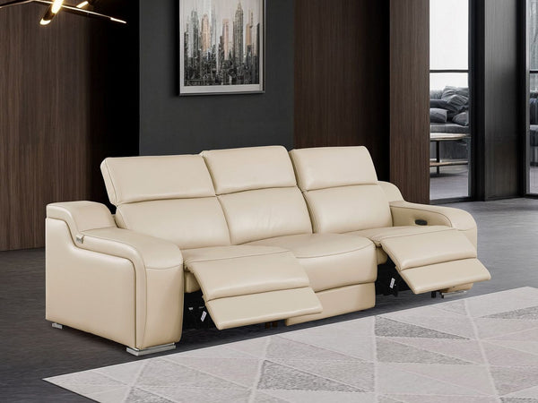 HomeRoots 103" Italian Leather Reclining Sofa with USB Ports and Chrome Legs for Modern Living Room Comfort BEIGE 632879