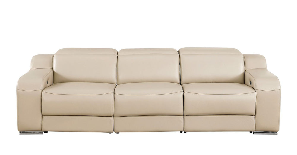 HomeRoots 103" Italian Leather Reclining Sofa with USB Ports and Chrome Legs for Modern Living Room Comfort BEIGE 632879