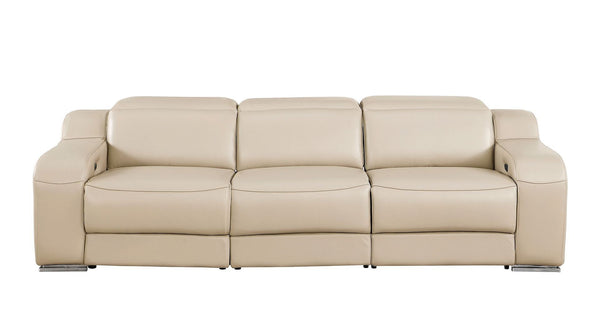 HomeRoots 103" Italian Leather Reclining Sofa with USB Ports and Chrome Legs for Modern Living Room Comfort BEIGE 632879