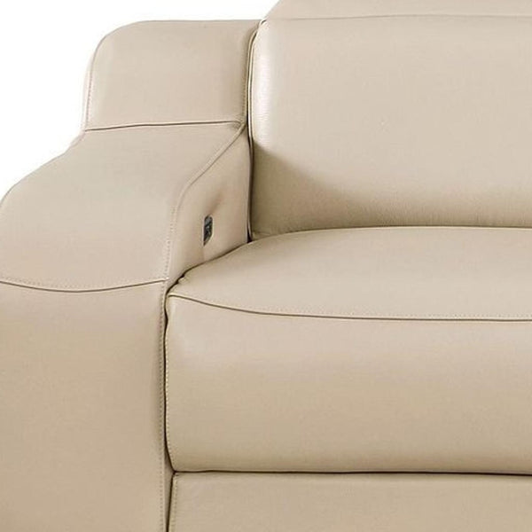 HomeRoots 103" Italian Leather Reclining Sofa with USB Ports and Chrome Legs for Modern Living Room Comfort BEIGE 632879