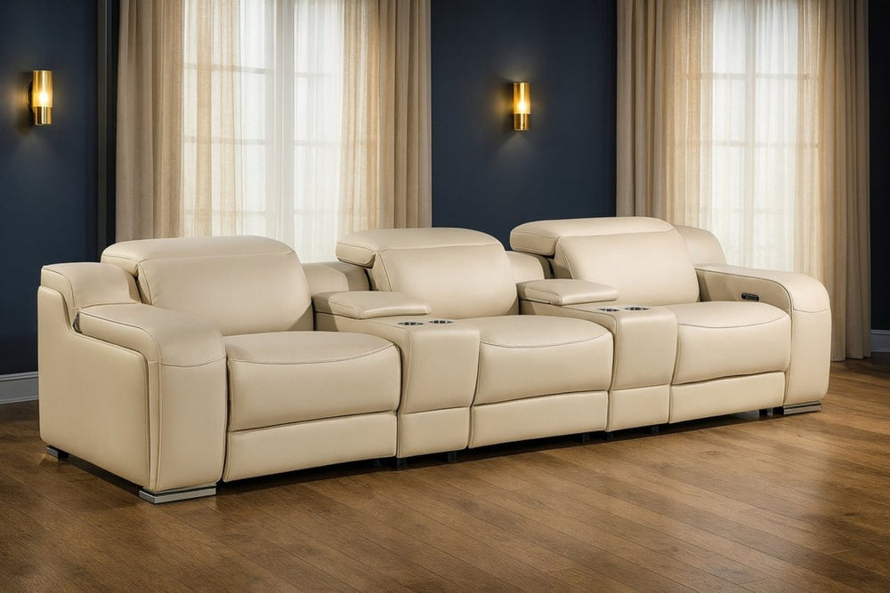 HomeRoots 129" Beige Italian Leather Reclining Sofa with USB Charging & Power Headrests for Ultimate Comfort 632881