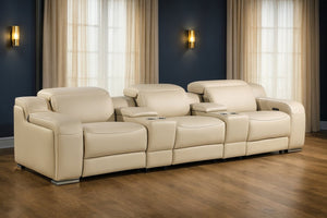 HomeRoots 129" Beige Italian Leather Reclining Sofa with USB Charging & Power Headrests for Ultimate Comfort 632881