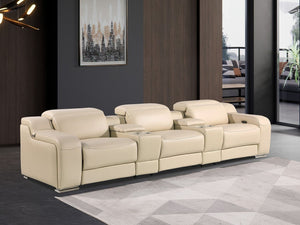 HomeRoots 129" Beige Italian Leather Reclining Sofa with USB Charging & Power Headrests for Ultimate Comfort 632881