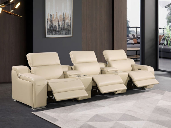 HomeRoots 129" Beige Italian Leather Reclining Sofa with USB Charging & Power Headrests for Ultimate Comfort 632881