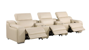 HomeRoots 129" Beige Italian Leather Reclining Sofa with USB Charging & Power Headrests for Ultimate Comfort 632881