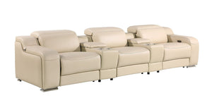 HomeRoots 129" Beige Italian Leather Reclining Sofa with USB Charging & Power Headrests for Ultimate Comfort 632881