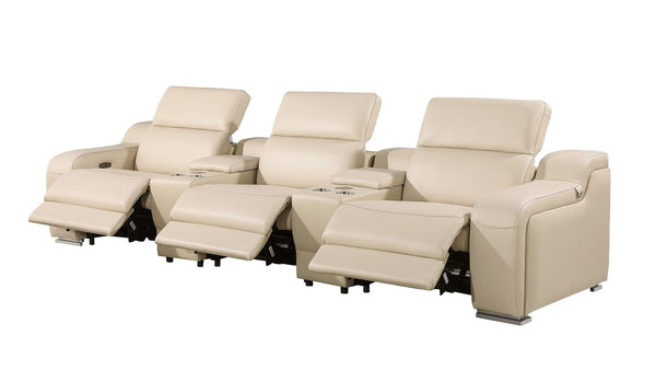 HomeRoots 129" Beige Italian Leather Reclining Sofa with USB Charging & Power Headrests for Ultimate Comfort 632881