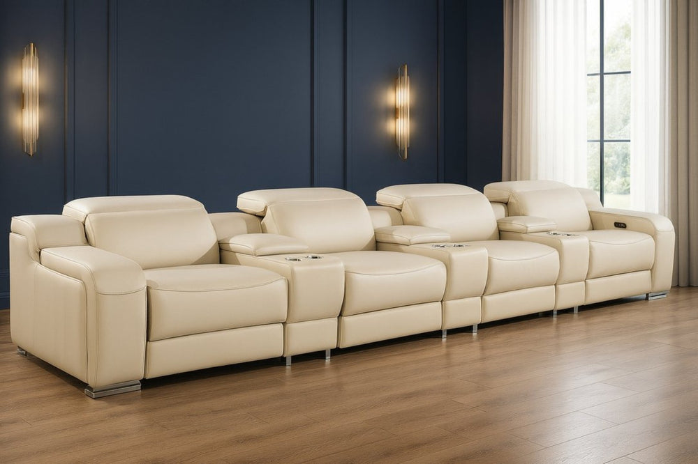 HomeRoots 169" Luxurious Beige Italian Leather Reclining Sofa with USB Ports & Modern Comfort Features 632882
